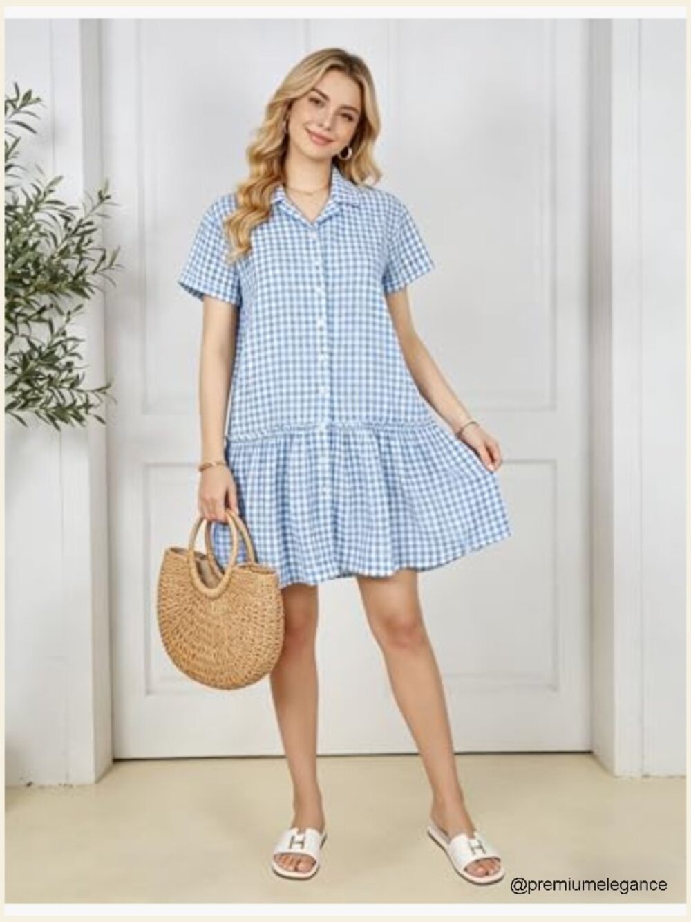 Women's Cotton Gingham Babydoll Mini Sundress Short Sleeve Button Down Ruffle - Picture 4 of 7
